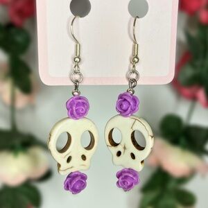 Purple Rose Skull Whimsigoth Beaded Handmade Earrings